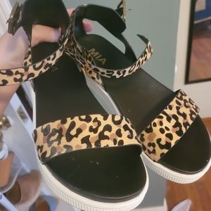 MIA Leopard Print Platform Sandals in Black and Tan